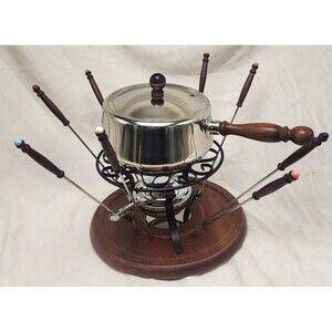 Vintage Fondue Pot Stainless Steel Pot Lid 8 Skewers Wood Base
